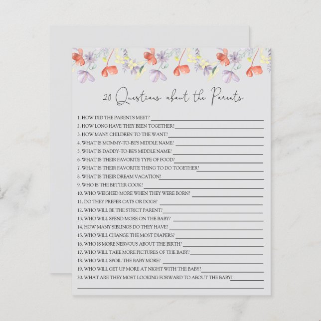 20親の赤ちゃんシャワーゲームに関する質問 (正面/裏面)