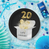 20誕生日の金ゴールドバルーン（白） ペーパープレート (パーティー)