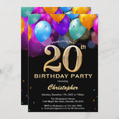 20誕生日の黒と金ゴールドカラフル風船 招待状 (正面/裏面)