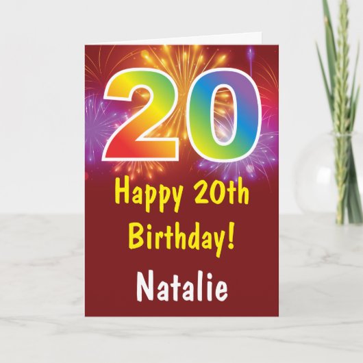 20誕生日カラフルレインボー花火赤 カード (正面)