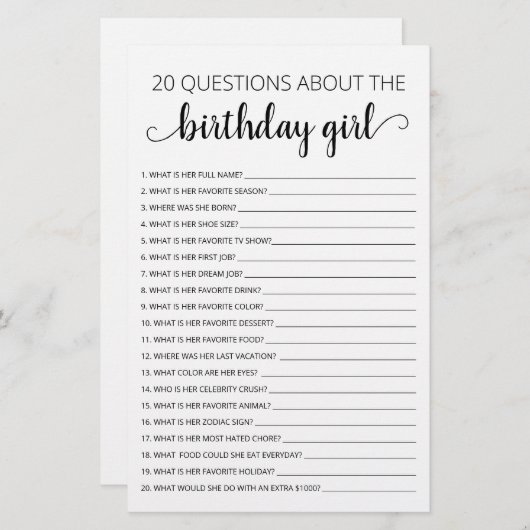 20誕生日ガール誕生日ゲームに関する質問 (正面/裏面)