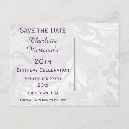 20誕生日ダマスクフェイクと弓の日付を保存 案内ポストカード (裏面)