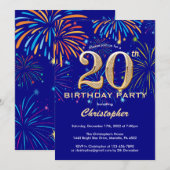 20誕生日ネイビーブルーと金ゴールドレインボー花火 招待状 (正面/裏面)