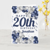 20誕生日ネイビーブルーバルーン カード (黄色い花)