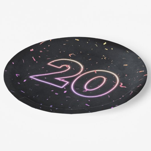 20誕生日ネオンサインオンブラック紙プレート ペーパープレート (アングル)