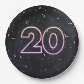 20誕生日ネオンサインオンブラック紙プレート ペーパープレート (正面)