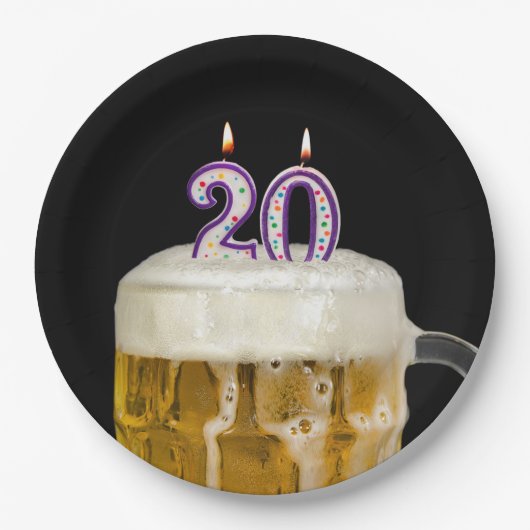 20誕生日ビールオンブラック紙プレート ペーパープレート (正面)