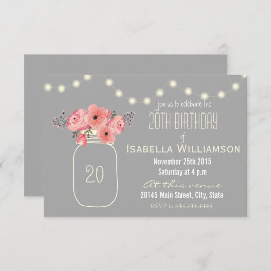 20誕生日ピンクの水彩花とメイソンジャー 招待状 (正面/裏面)