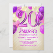 20誕生日ピンクバルーン招待状 招待状 (正面)