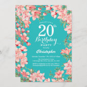 20誕生日ピンクフローラ花ティール（緑がかった色）背景 招待状 (正面/裏面)