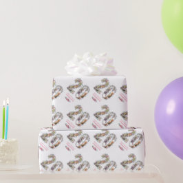 20誕生日フォトコラージガールピンク花白 ラッピングペーパー