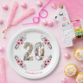 20誕生日フォトコラージピンクフラワーガールホワイト ペーパープレート