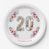 20誕生日フォトコラージピンクフラワーガールホワイト ペーパープレート (正面)