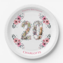 20誕生日フォトコラージピンクフラワーガールホワイト ペーパープレート