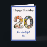20誕生日フォトコラージュソンユニーク記念 カード<br><div class="desc">祝20歳の誕生日は、特別な誕生日カードと写真のコラージュとユニーク一緒に。この素晴らしい誕生日のグリーティングカードは、あなたの家族の写真の選択から20作られている。このテンプレートは、「素晴らしい息子へ」を兄弟、友人、または他の誰かにあなたが好きな最高の人に編集するために設計されている。カード内の両ページの文字も編集できる。写真は両離れ方の上手側から右下に加える。ゼロは上から下に塗りつぶされる。カード上の文字は、素晴らしい青のスクリプトスタイルタイポグラフィを含む。写真の例として使われているのは全て正方形のイメージで、メインの姿は中心に近い。このカードは幅広いサイズで利用できる。詳細については、私たちの店を参照素晴らし誕生日カード。</div>