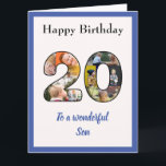 20誕生日フォトコラージュソンラユニークージ カード<br><div class="desc">祝息子さんの20歳の誕生日で、特別な大きな誕生日カードと写真ユニークのコラージュ。この特別な息子さんの素敵な大きな誕生日挨拶状には、家族の写真を選んで20枚作られています。このテンプレートは、「素晴らしい息子へ」を兄や友人や他の誰かが好き最高のに編集できるように設計されています。文字は、カード内の両方のページでも編集できます。写真は2枚の上離れ手から右下に追加されます。ゼロは上から下に塗りつぶされます。カード上の文字には、素晴らしい青いスクリプトスタイルタイポグラフィが含まれる。写真は、主要な画像がほぼ中央に配置された正方形の姿です。このカードは、幅広いサイズでご利用いただけます。詳しくは弊社の店をご覧く素晴らしださい。</div>