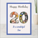 20誕生日フォトコラージュソンラユニークージ カード<br><div class="desc">祝息子さんの20歳の誕生日で、特別な大きな誕生日カードと写真ユニークのコラージュ。この特別な息子さんの素敵な大きな誕生日挨拶状には、家族の写真を選んで20枚作られています。このテンプレートは、「素晴らしい息子へ」を兄や友人や他の誰かが好き最高のに編集できるように設計されています。文字は、カード内の両方のページでも編集できます。写真は2枚の上離れ手から右下に追加されます。ゼロは上から下に塗りつぶされます。カード上の文字には、素晴らしい青いスクリプトスタイルタイポグラフィが含まれる。写真は、主要な画像がほぼ中央に配置された正方形の姿です。このカードは、幅広いサイズでご利用いただけます。詳しくは弊社の店をご覧く素晴らしださい。</div>