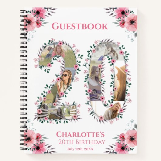 20誕生日フォトピンクフラワーホワイトゲストブック ノートブック (正面)