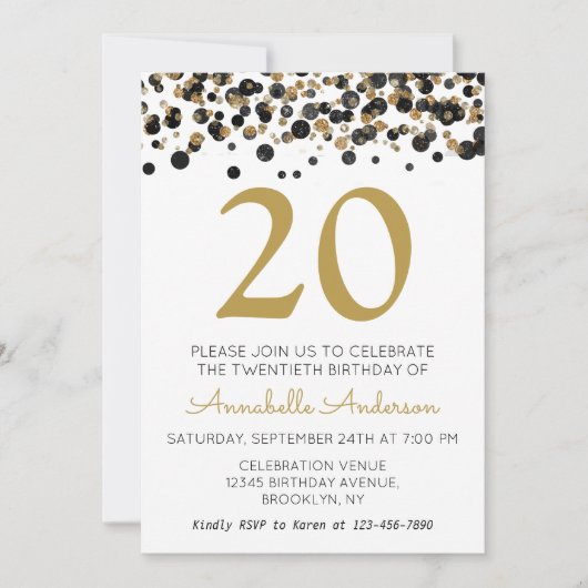 20誕生日ブラック金ゴールドグリッタースパークル紙吹雪 招待状 (正面)