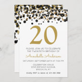 20誕生日ブラック金ゴールドグリッタースパークル紙吹雪 招待状 (正面/裏面)