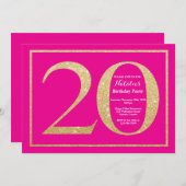 20誕生日ホットピンクと金ゴールドグリッター 招待状 (正面/裏面)