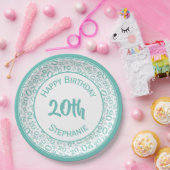 20誕生日乱数パターン20ティール(緑がかった色)/白 ペーパープレート (パーティー)