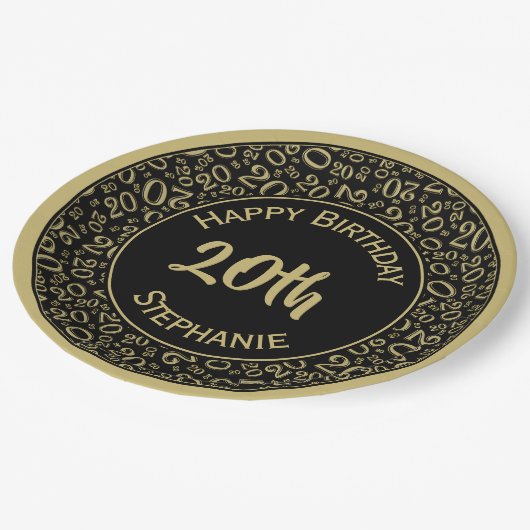 20誕生日乱数パターン20黒/金ゴールド ペーパープレート (アングル)