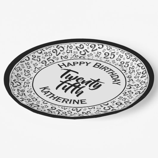 20誕生日乱数パターン25黒/白 ペーパープレート (アングル)