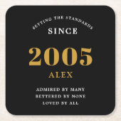 20誕生日名2005ブラック金ゴールドシック スクエアペーパーコースター (正面)