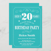 20誕生日招待状ティール（緑がかった色）と白色 招待状 (正面/裏面)