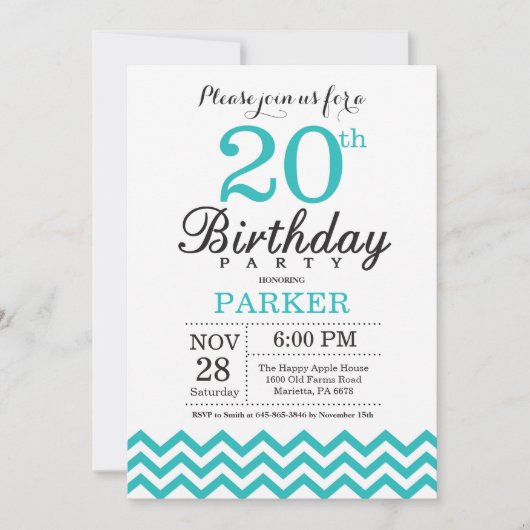 20誕生日招待状ティール(緑がかった色)シェブロン 招待状 (正面)