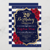 20誕生日招待状ネイビーホワイトストライプバラ 招待状 (正面/裏面)