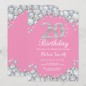 20誕生日招待状ピンクとシルバーダイヤモンド 招待状 (正面/裏面)