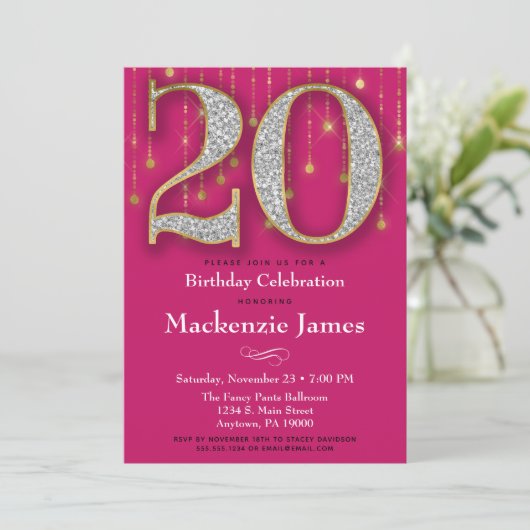 20誕生日招待状ピンク金ゴールドダイヤモンド大人 招待状 (スタンド正面)