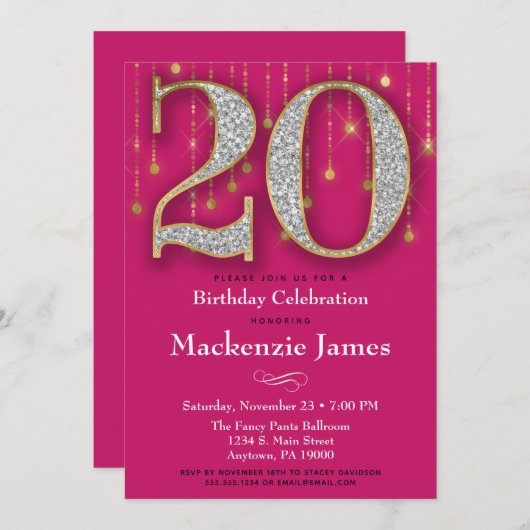 20誕生日招待状ピンク金ゴールドダイヤモンド大人 招待状 (正面/裏面)