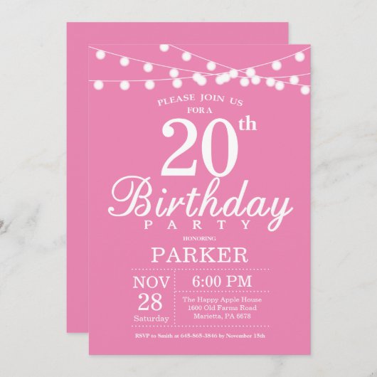 20誕生日招待状ピンク 招待状 (正面/裏面)