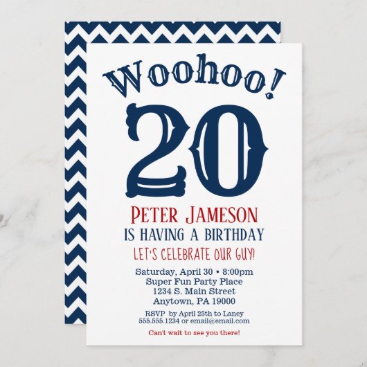 20誕生日招待状メンズネイビーブルー 招待状 (正面/裏面)