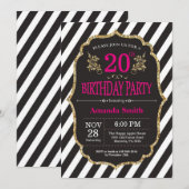 20誕生日招待状。黒と金ゴールドグリッター 招待状 (正面/裏面)