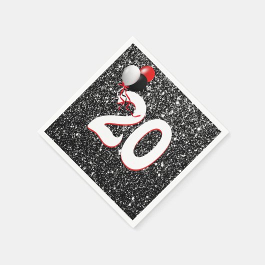 20誕生日風船オン黒グリッター スタンダードカクテルナプキン (角)