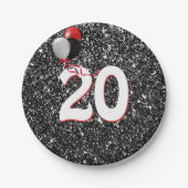 20誕生日風船オン黒グリッター ペーパープレート (正面)