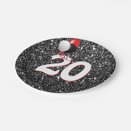 20誕生日風船オン黒グリッター ペーパープレート (アングル)
