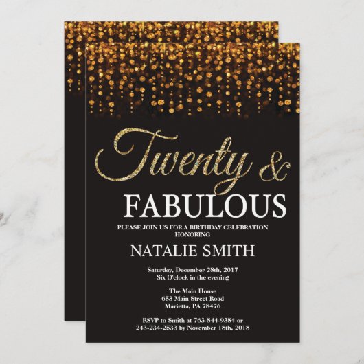 20誕生日20と素晴らしい金ゴールドグリッター 招待状 (正面/裏面)
