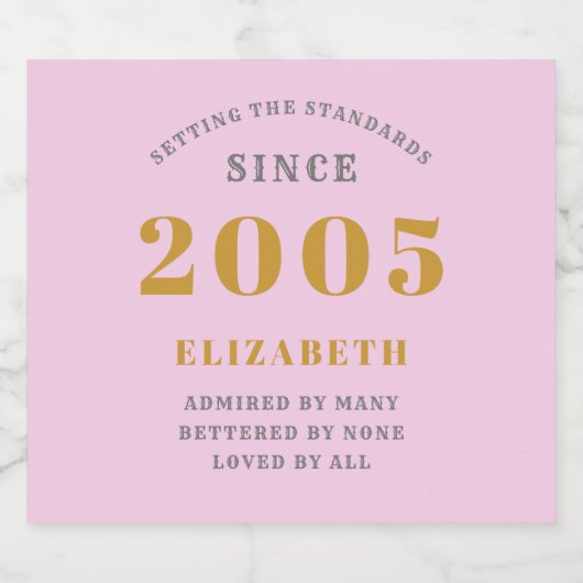 20誕生日2005生まれ名を追加Pink Gray スパークリングワインラベル (シングルラベル)