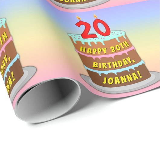 20誕生日:おもしろいケーキとキャンドル+名前をカスタムする ラッピングペーパー (ロールコーナー)