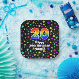 20誕生日:おもしろいスター柄と虹「20」 ペーパープレート
