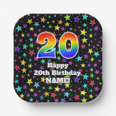 20誕生日:おもしろいスター柄と虹「20」 ペーパープレート (正面)
