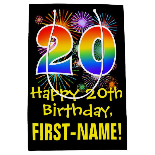20誕生日:おもしろい花火パターン+虹20 ミディアムペーパーバッグ (正面)
