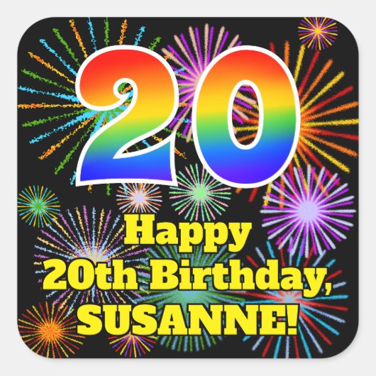 20誕生日:おもしろい花火ルック、レインボー# 20 スクエアシール (正面)