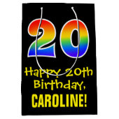 20誕生日:おもしろい、はっきりした、カラフルレインボー「20」 ミディアムペーパーバッグ (正面)