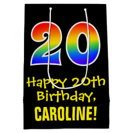 20誕生日:おもしろい、はっきりした、カラフルレインボー「20」 ミディアムペーパーバッグ
